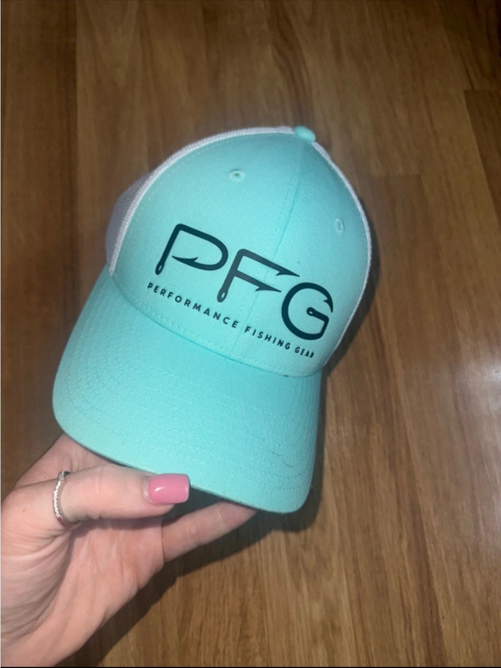 Columbia PFG Trucker Hat in turquoise Blue and White